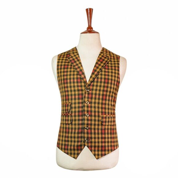 Mens 46R Wool Plaid Check Vest Waistcoat Yellow Red Orange Formal Wedding Party - Picture 1 of 8